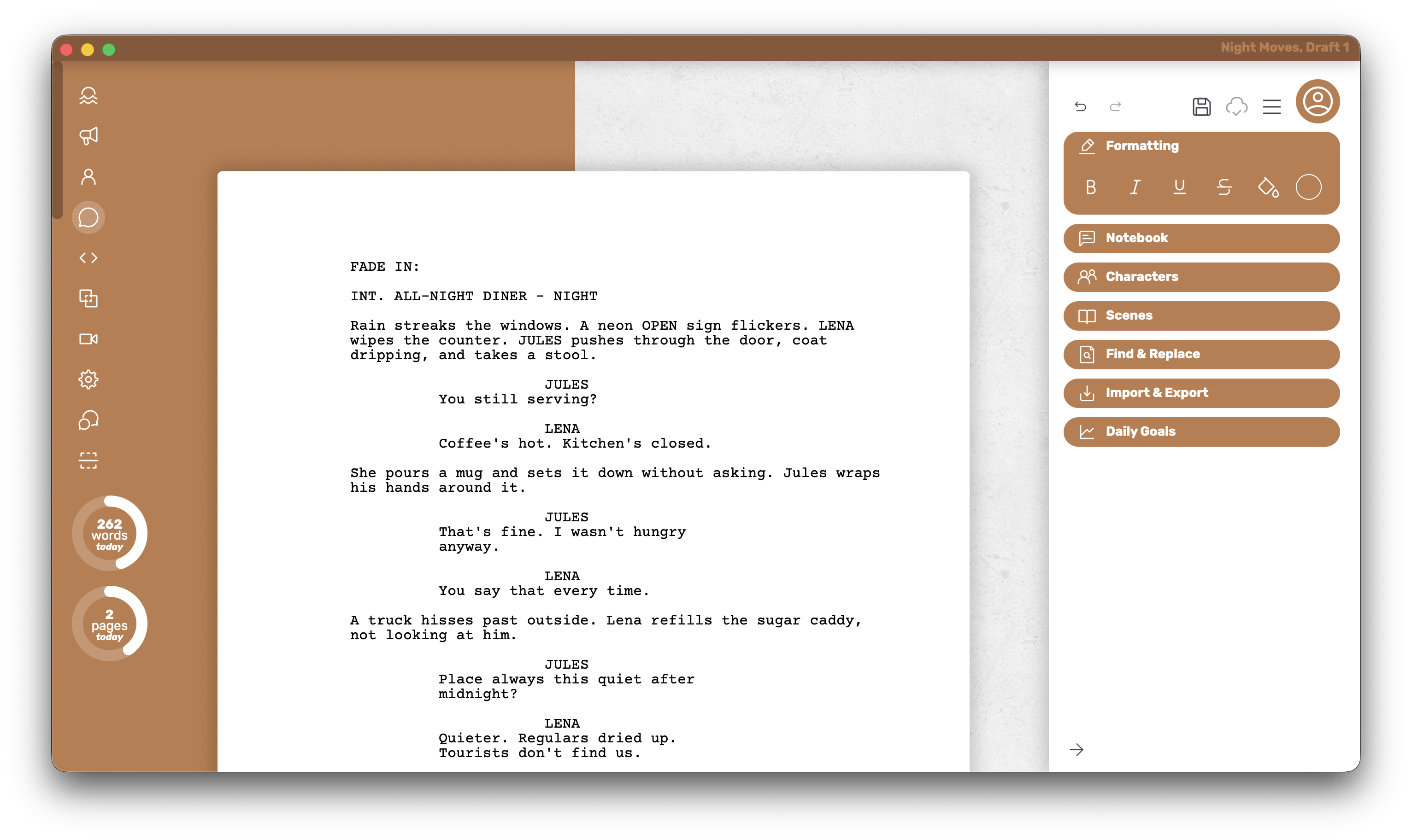 Boulevard screenwriting editor — Night Shift diner scene in light brown theme